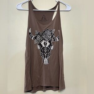 Bear Dance Graphic Tank Top Medium Brown Bull Skull Floral Western Boho